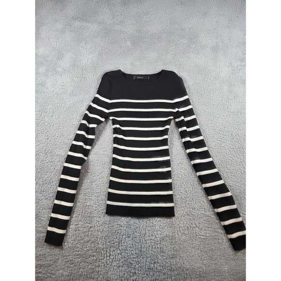 Zesica Womens Black White Striped Ribbed Knit Long Sleeve Top Small - Picture 3 of 7